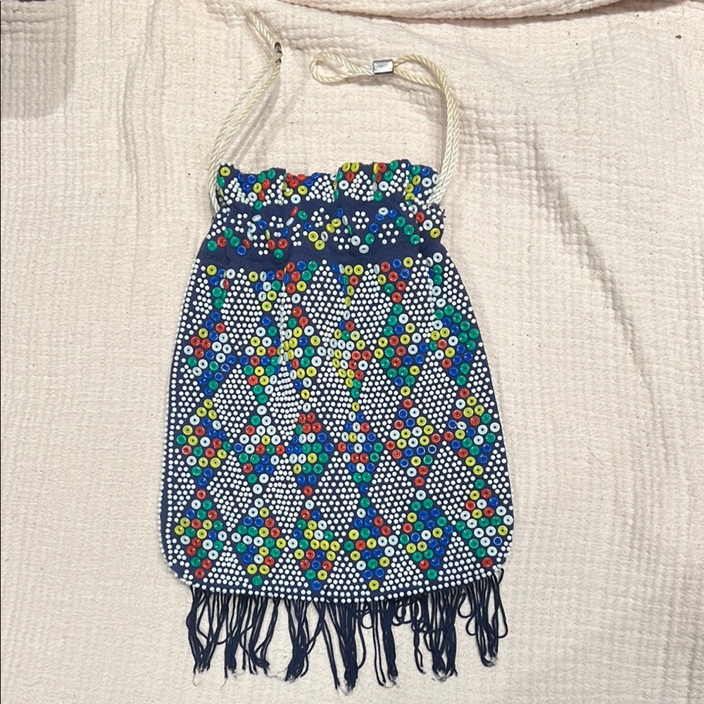 Vintage Beaded Rainbow Bag Drawstring Hippie Boho bag with fringe